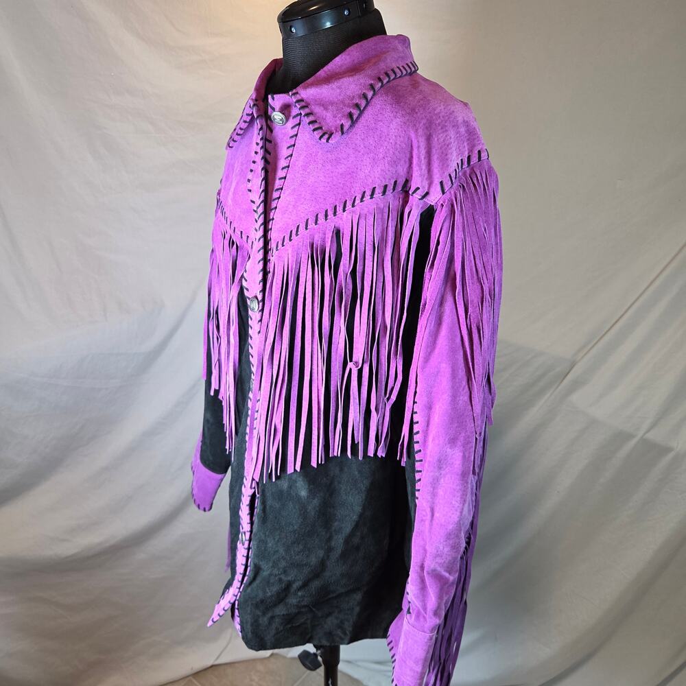 Bob Mackie Wearable Art 2X Leather Fringe Western Jacket Purple Black - Picture 7 of 16